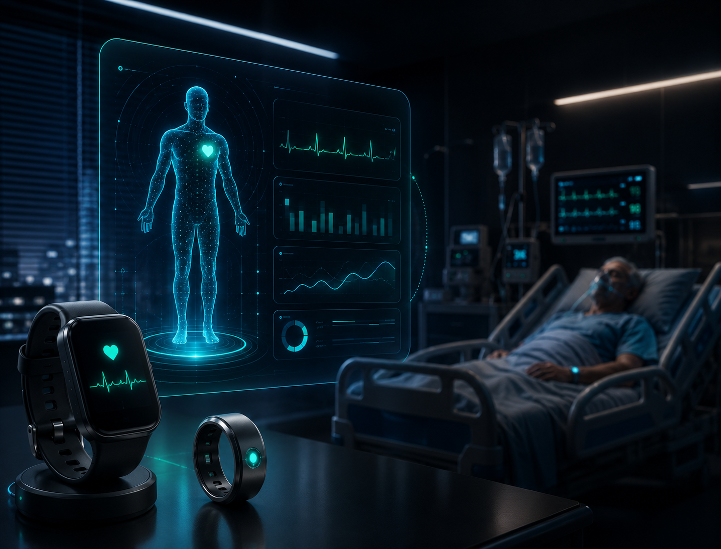 A hospital patient wearing a PIVVOT smart band is monitored in real time while clinical staff review AI health analytics and emergency alerts, representing the PIVVOT Critical Health Monitoring platform