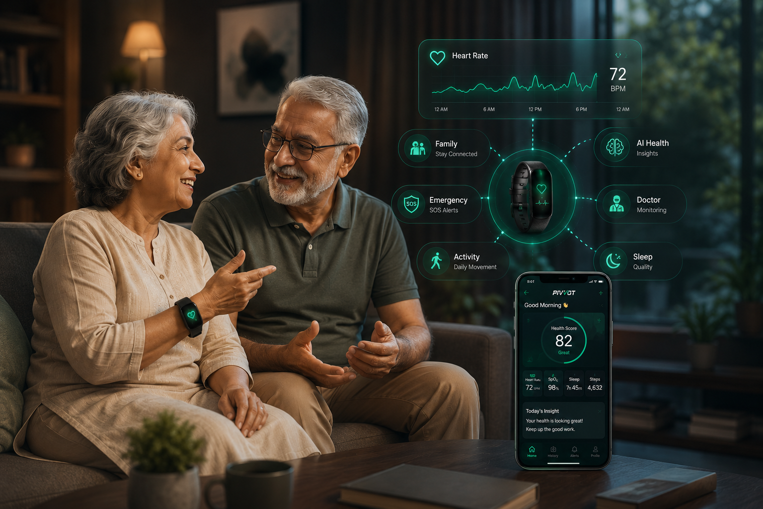 An elderly person wearing a PIVVOT smart band at home while a family member and caregiver stay connected through real-time health monitoring, representing the PIVVOT Elderly Care platform