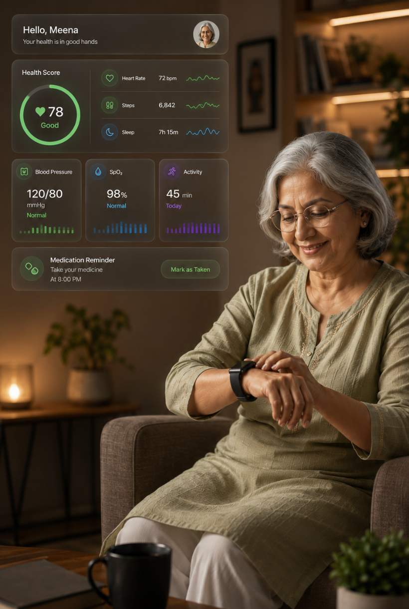 PIVVOT caregiver dashboard showing senior health status, alerts and activity