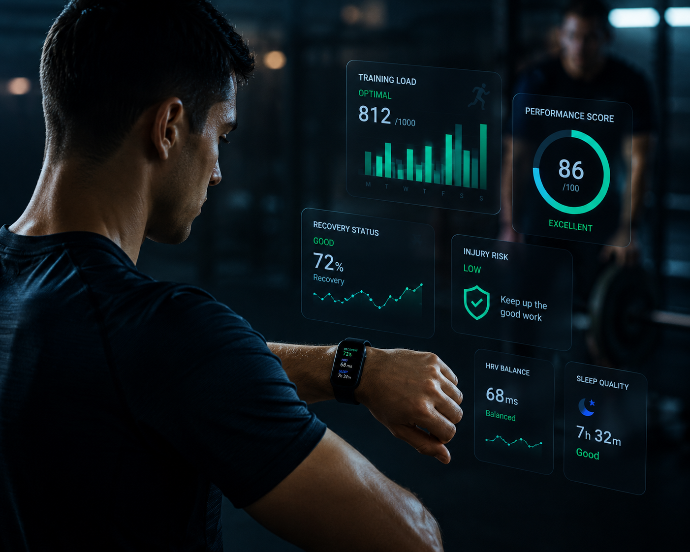 A professional athlete wearing a PIVVOT smart band trains while a coach reviews AI performance and recovery analytics, representing the PIVVOT Sports Performance platform