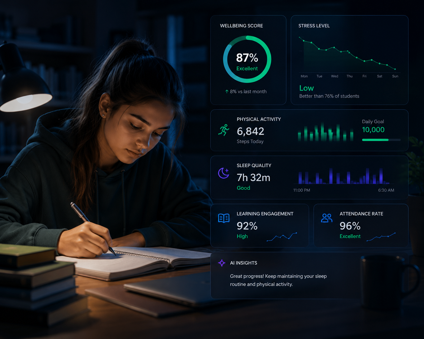Students wearing PIVVOT smart bands on a vibrant campus while teachers review AI-powered wellness analytics, representing the PIVVOT Student Wellbeing platform